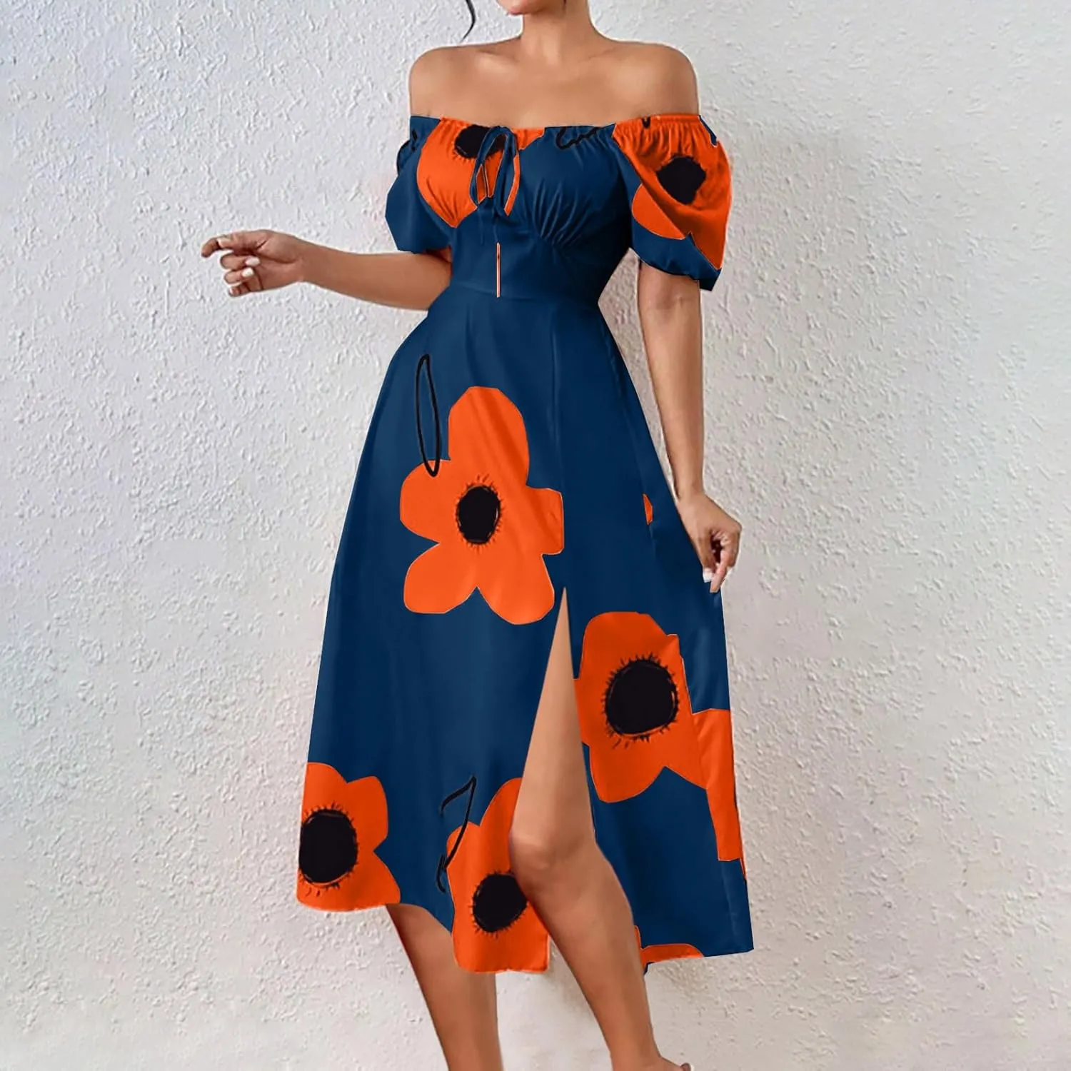 Women Off Shoulder A-Line Dresses Summer Cute Flower Print Puff Short Sleeve High Waist Dress Split Hem Midi Dress
