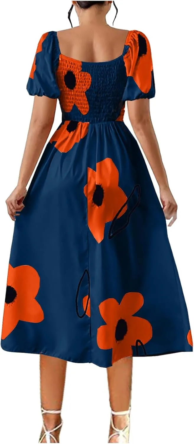 Women Off Shoulder A-Line Dresses Summer Cute Flower Print Puff Short Sleeve High Waist Dress Split Hem Midi Dress