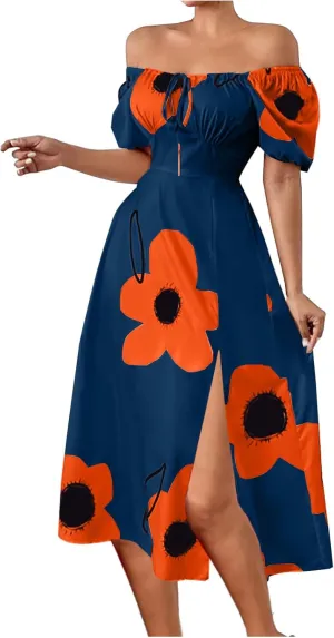 Women Off Shoulder A-Line Dresses Summer Cute Flower Print Puff Short Sleeve High Waist Dress Split Hem Midi Dress
