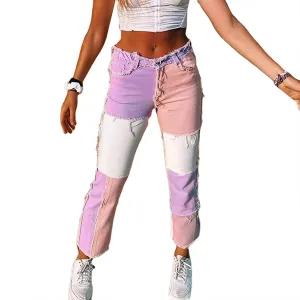 Women Patchwork Jeans High Waist Distressed Denim Long Pants Color Block Vintage Straight Pencil Trousers Streetwear