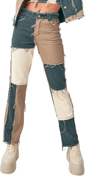 Women Patchwork Jeans High Waist Distressed Denim Long Pants Color Block Vintage Straight Pencil Trousers Streetwear