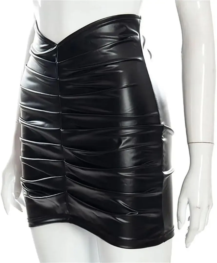 Women PU Leather Folds Short Skirt Solid High Waist Slim Pencil Skirts Vintage Bodycon Skirt