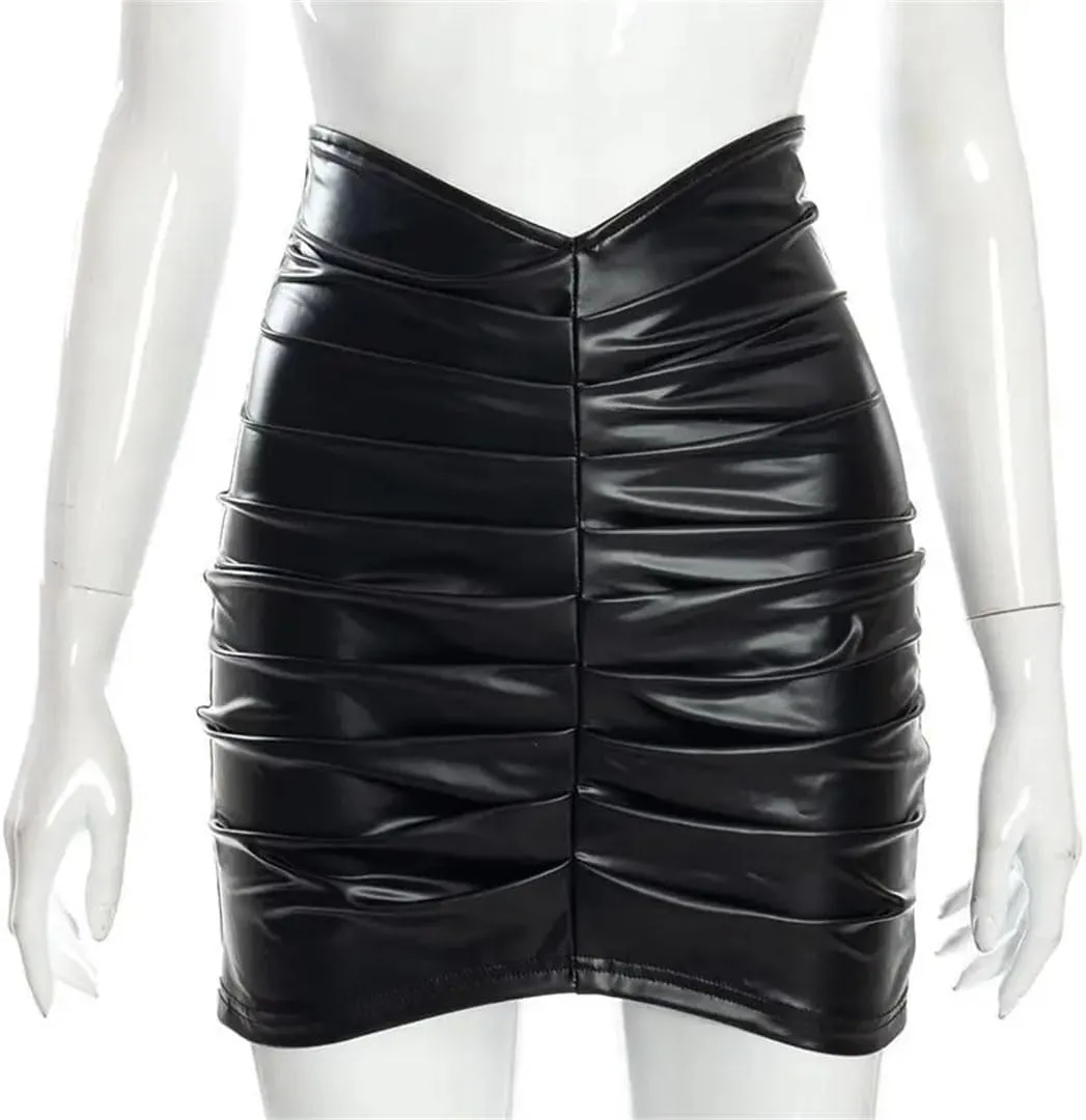 Women PU Leather Folds Short Skirt Solid High Waist Slim Pencil Skirts Vintage Bodycon Skirt