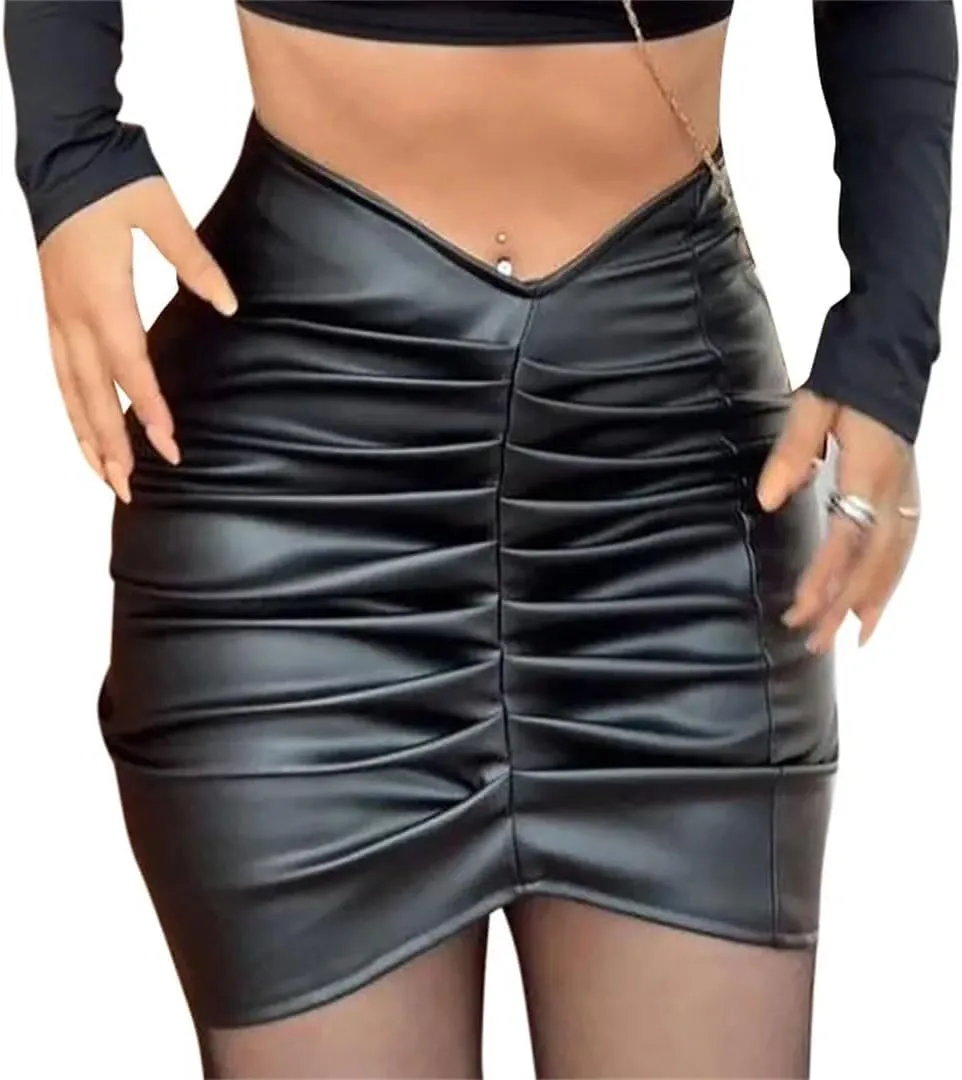 Women PU Leather Folds Short Skirt Solid High Waist Slim Pencil Skirts Vintage Bodycon Skirt