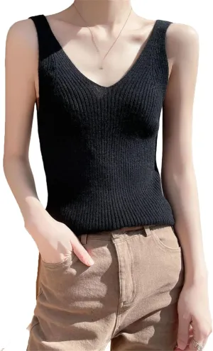 Women Pure Cashmere Knit Camisole Ladies Top V-Neck Slim Sling Thin Inside Vest Stretch Wool Women's Sweater