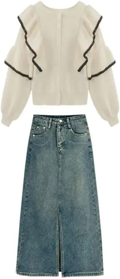 Women Retro High-Waisted Split Loose Thin Long A-Line Bag Hip Denim Skirt