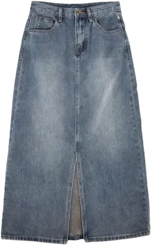Women Retro High-Waisted Split Loose Thin Long A-Line Bag Hip Denim Skirt