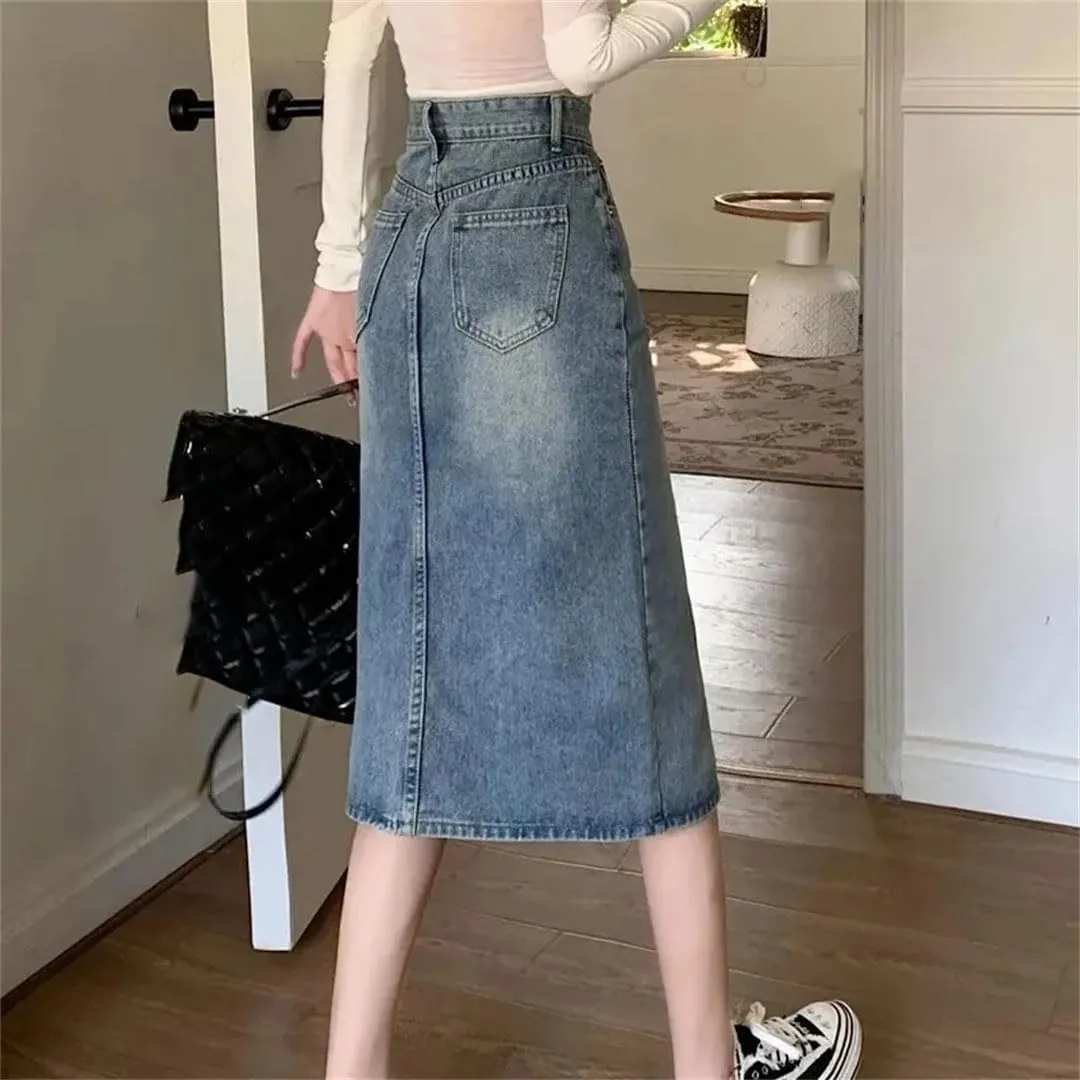 Women Retro High-Waisted Split Loose Thin Long A-Line Bag Hip Denim Skirt