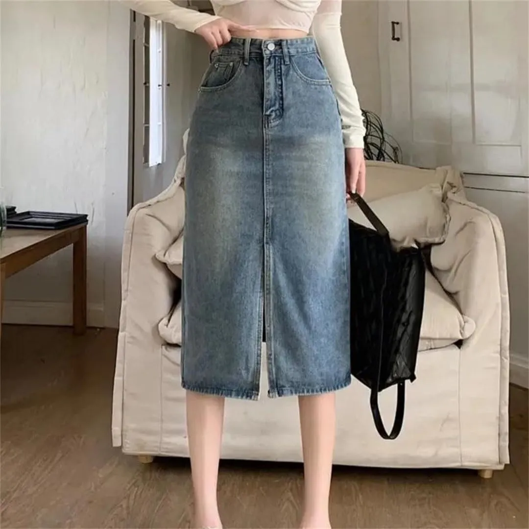Women Retro High-Waisted Split Loose Thin Long A-Line Bag Hip Denim Skirt