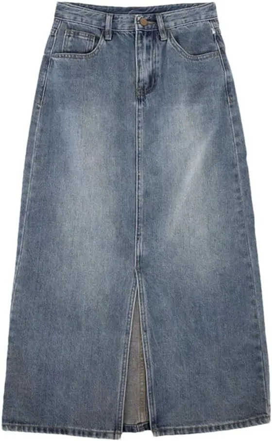Women Retro High-Waisted Split Loose Thin Long A-Line Bag Hip Denim Skirt