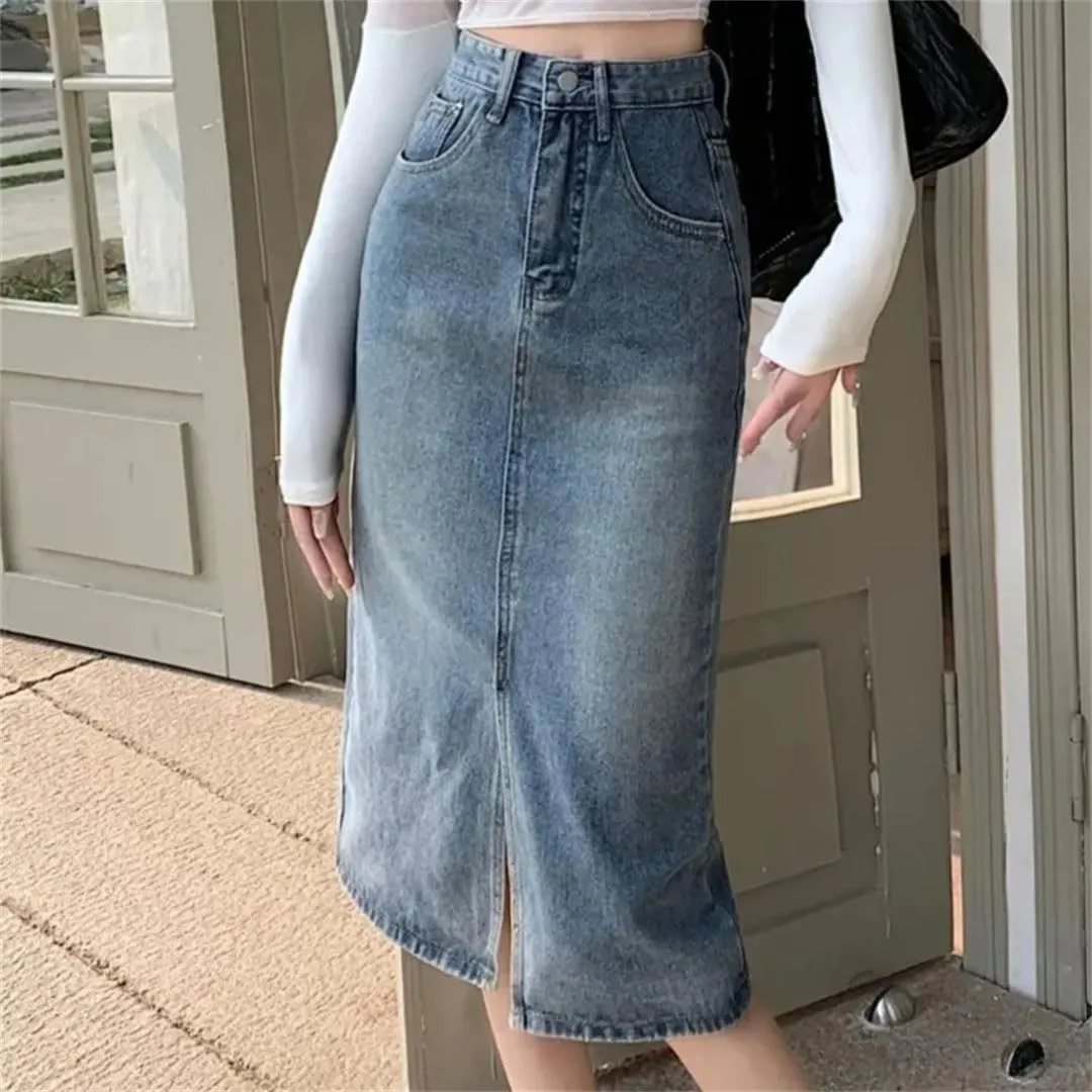 Women Retro High-Waisted Split Loose Thin Long A-Line Bag Hip Denim Skirt