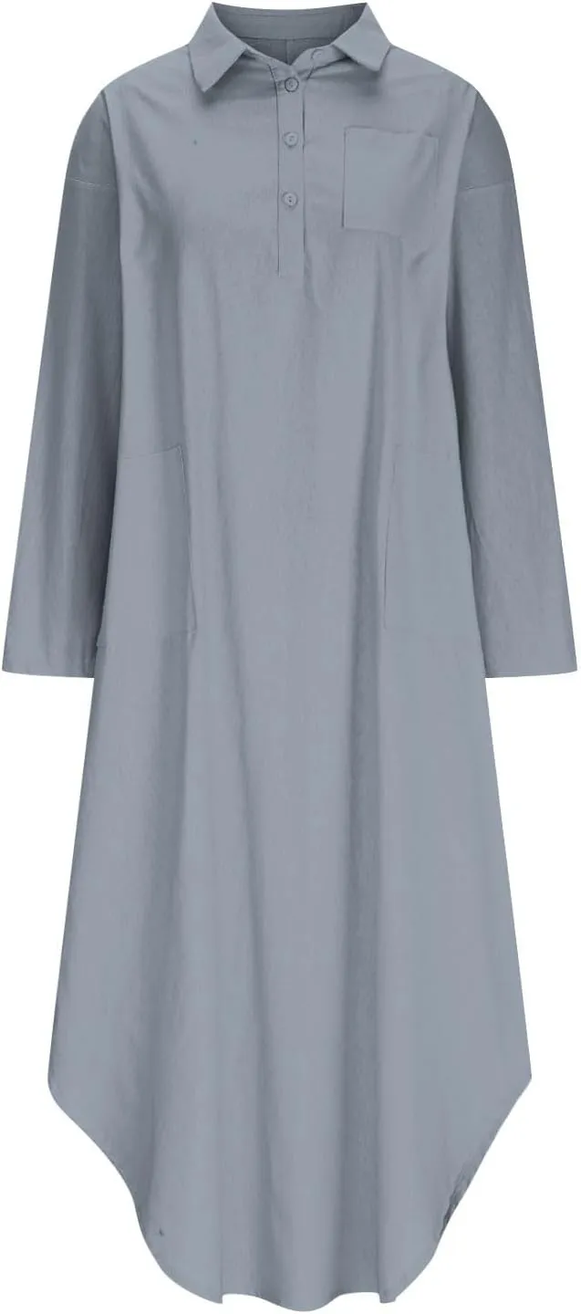 Women Rolled-Up 3/4 Sleeve Maxi Dress Summer Cotton Linen Casual Henley Shirt Dresses Curved Hem Flowy Beach Dress