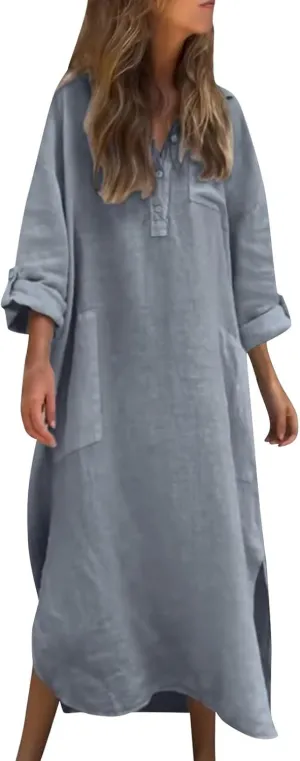 Women Rolled-Up 3/4 Sleeve Maxi Dress Summer Cotton Linen Casual Henley Shirt Dresses Curved Hem Flowy Beach Dress