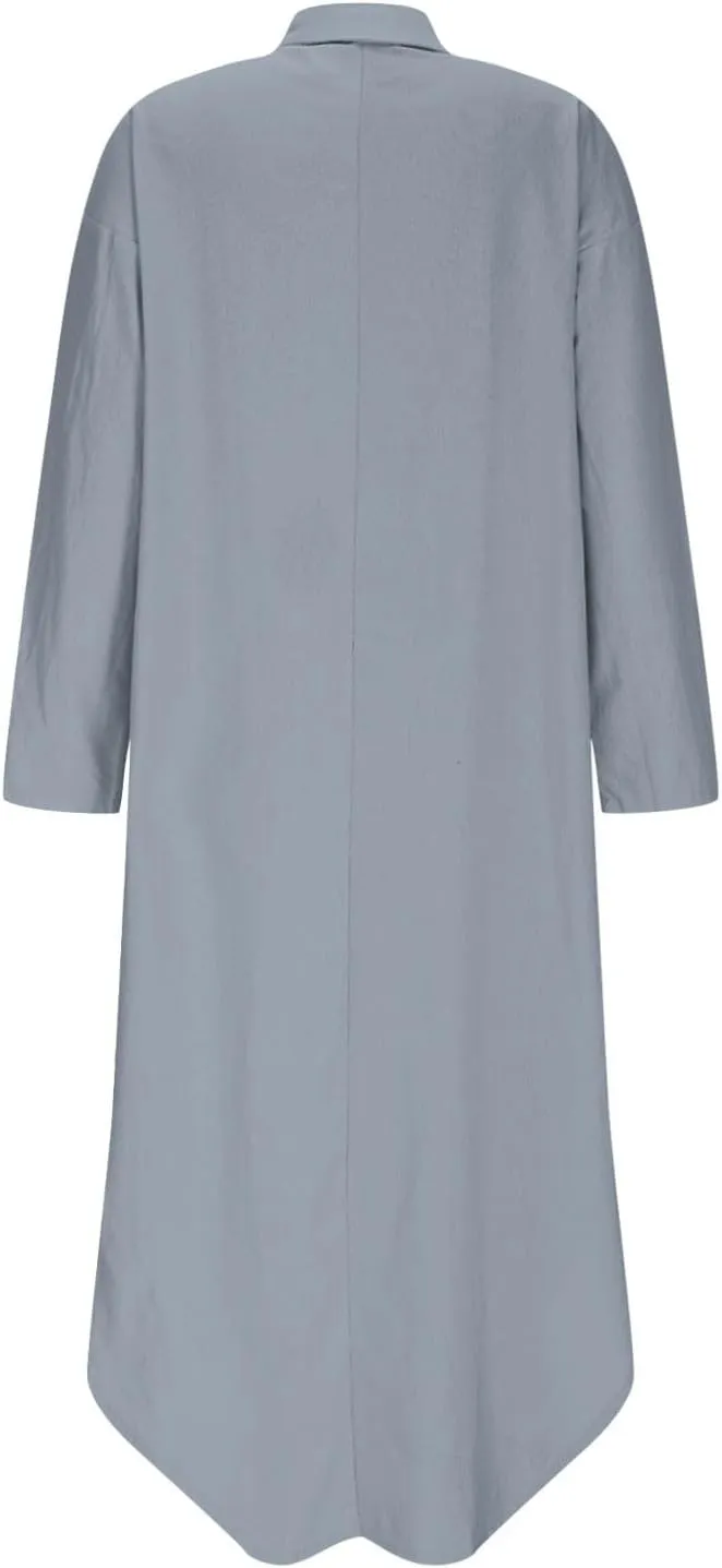 Women Rolled-Up 3/4 Sleeve Maxi Dress Summer Cotton Linen Casual Henley Shirt Dresses Curved Hem Flowy Beach Dress