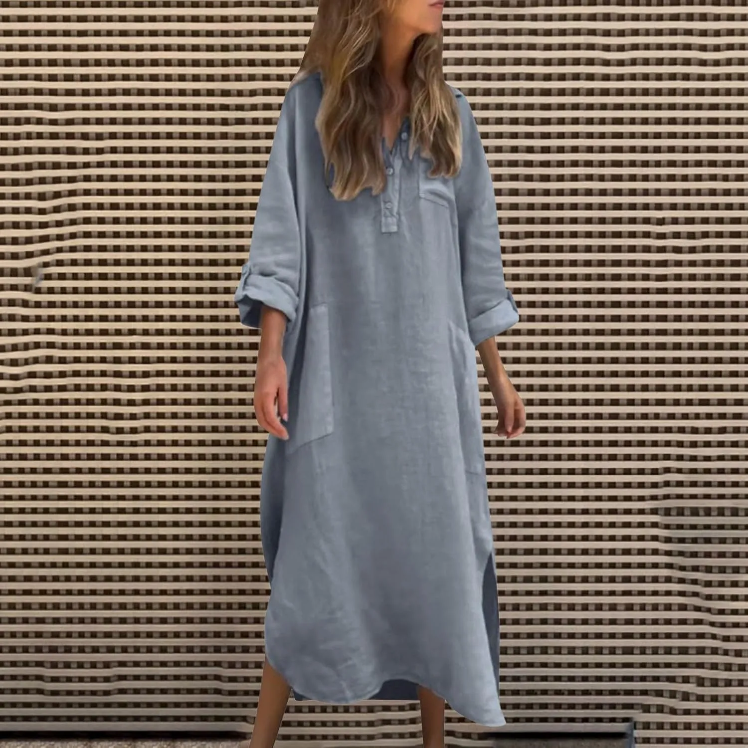 Women Rolled-Up 3/4 Sleeve Maxi Dress Summer Cotton Linen Casual Henley Shirt Dresses Curved Hem Flowy Beach Dress