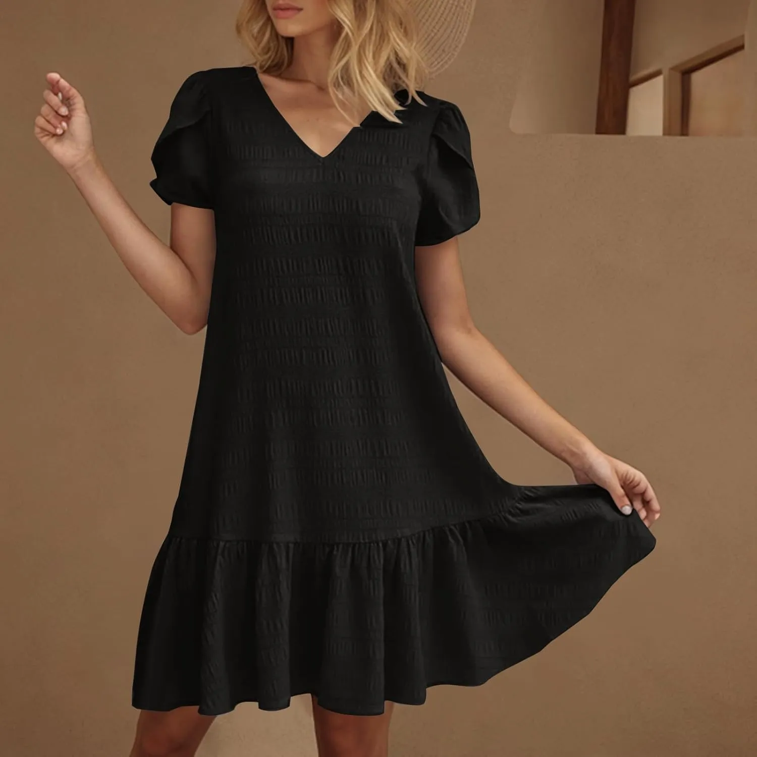 Women Ruffle Hem T Shirt Dress Summer Bubbles Textured Petal Short Sleeve Mini Dresses Casual V Neck Tunic Dress