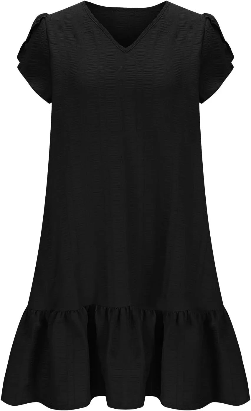 Women Ruffle Hem T Shirt Dress Summer Bubbles Textured Petal Short Sleeve Mini Dresses Casual V Neck Tunic Dress