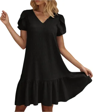 Women Ruffle Hem T Shirt Dress Summer Bubbles Textured Petal Short Sleeve Mini Dresses Casual V Neck Tunic Dress