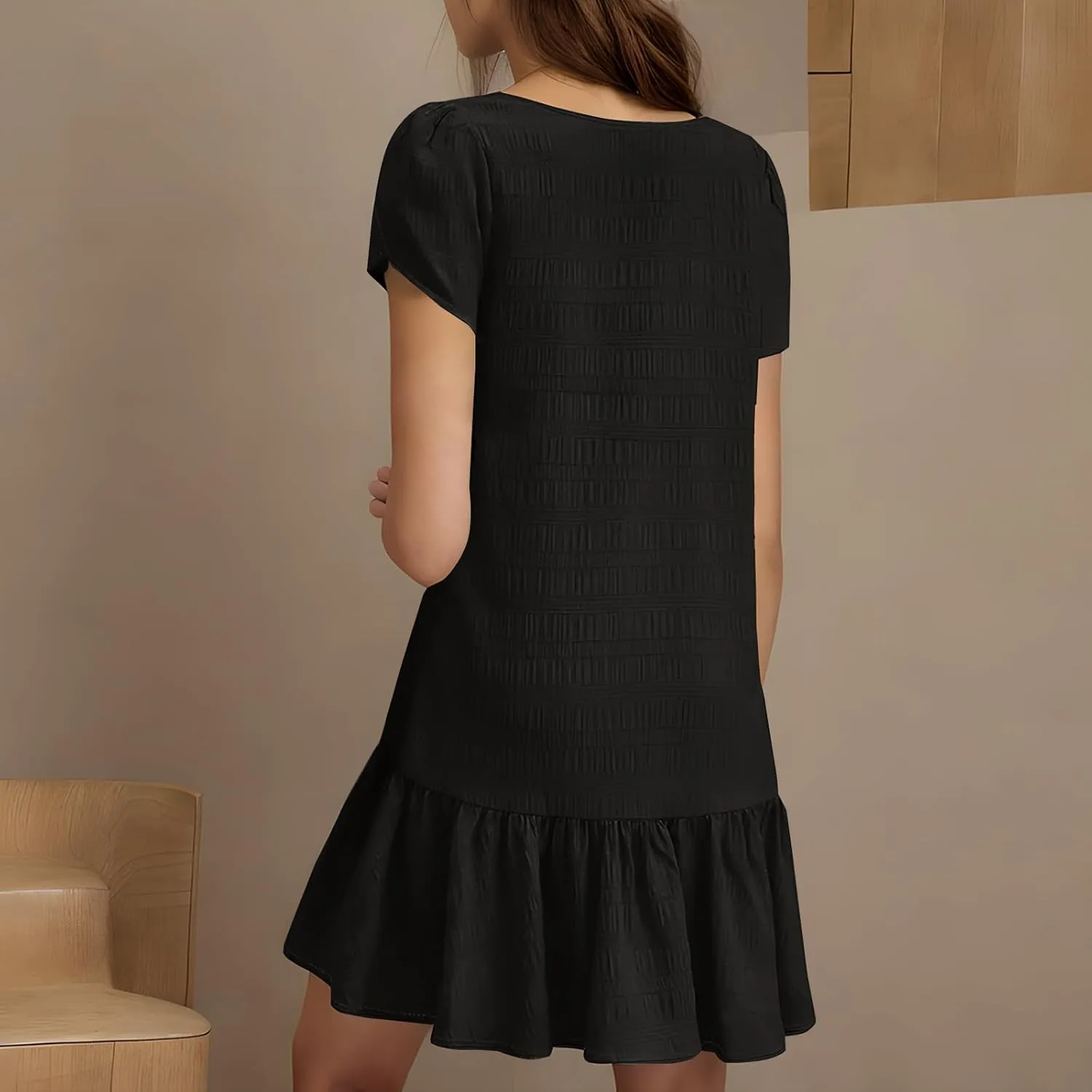 Women Ruffle Hem T Shirt Dress Summer Bubbles Textured Petal Short Sleeve Mini Dresses Casual V Neck Tunic Dress