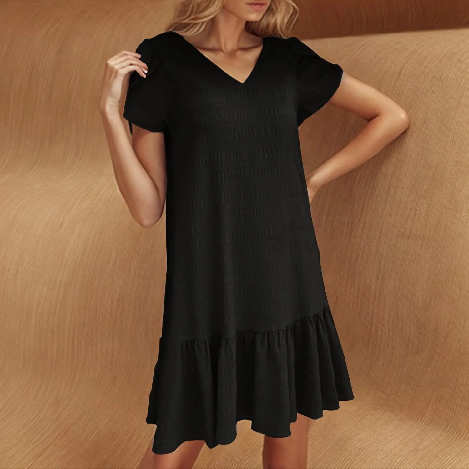 Women Ruffle Hem T Shirt Dress Summer Bubbles Textured Petal Short Sleeve Mini Dresses Casual V Neck Tunic Dress