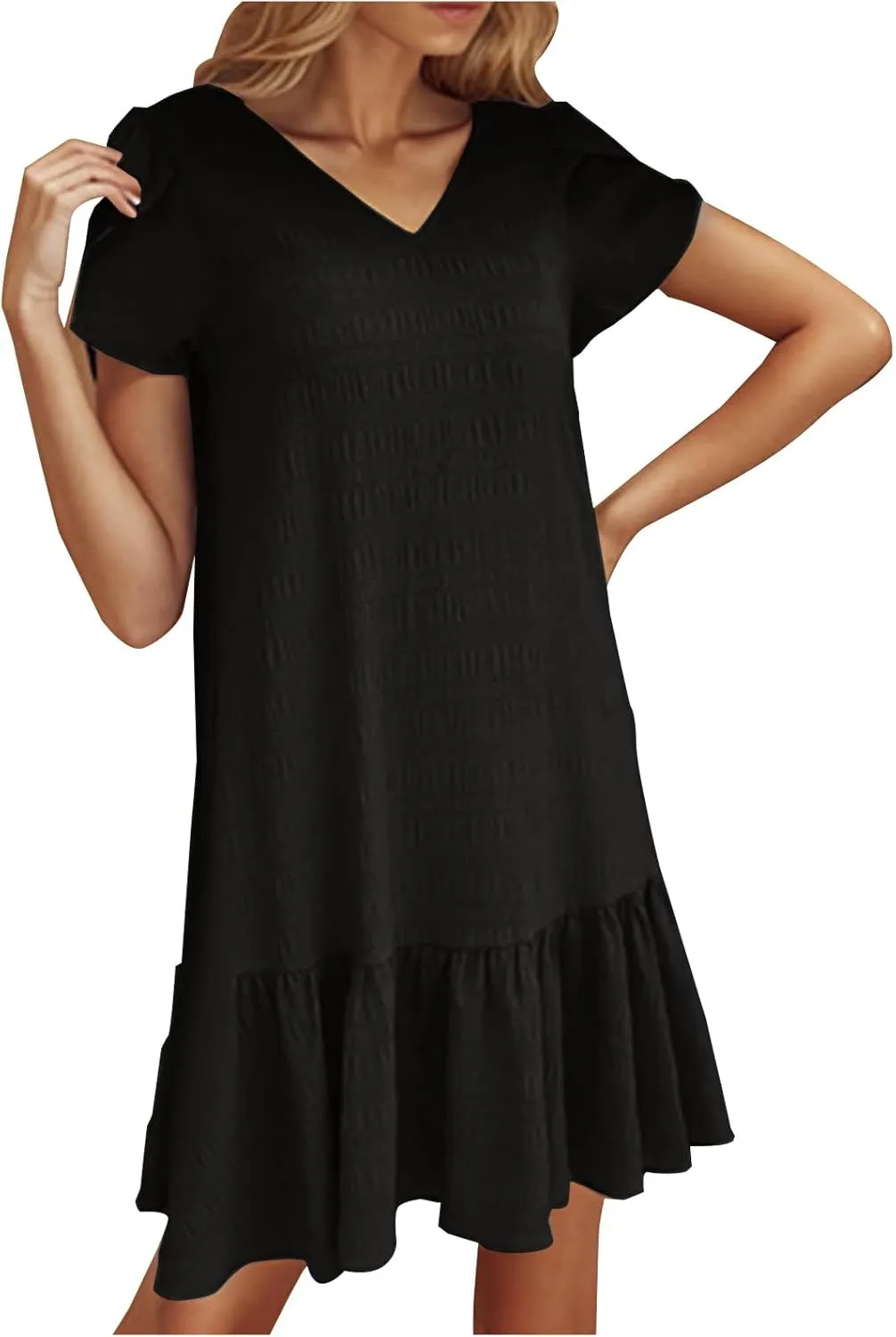 Women Ruffle Hem T Shirt Dress Summer Bubbles Textured Petal Short Sleeve Mini Dresses Casual V Neck Tunic Dress