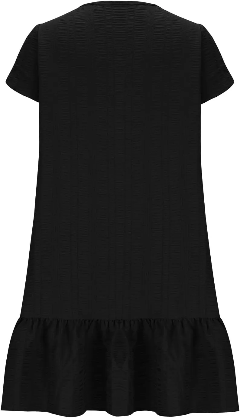 Women Ruffle Hem T Shirt Dress Summer Bubbles Textured Petal Short Sleeve Mini Dresses Casual V Neck Tunic Dress