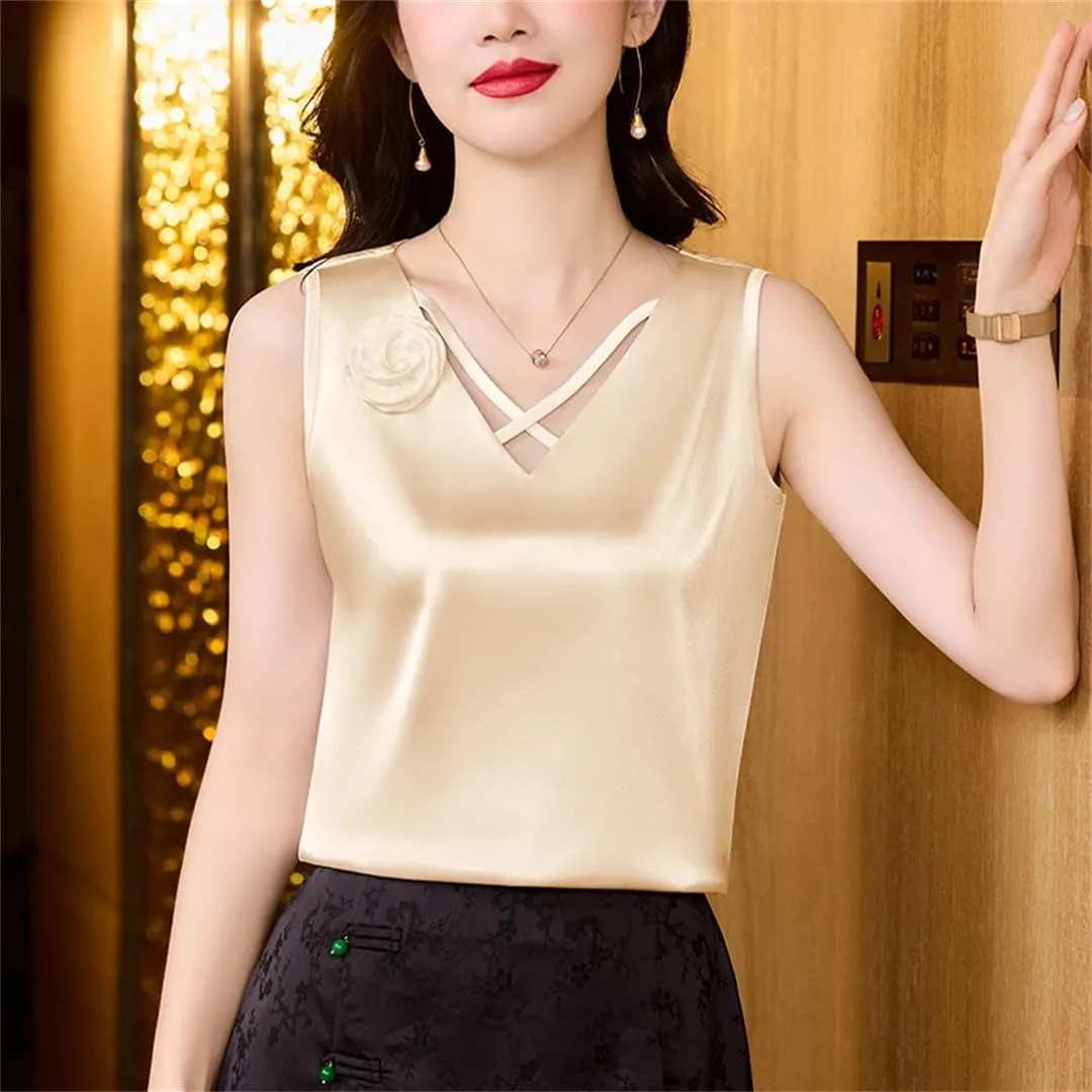 Women Satin Flower Camisole V-Neck Tank Tops Spring Summer Vest
