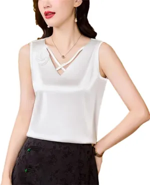 Women Satin Flower Camisole V-Neck Tank Tops Spring Summer Vest