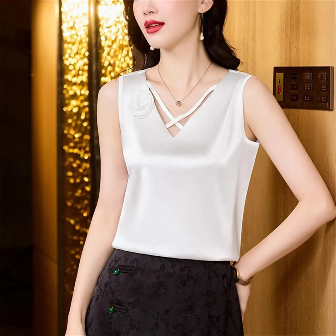 Women Satin Flower Camisole V-Neck Tank Tops Spring Summer Vest