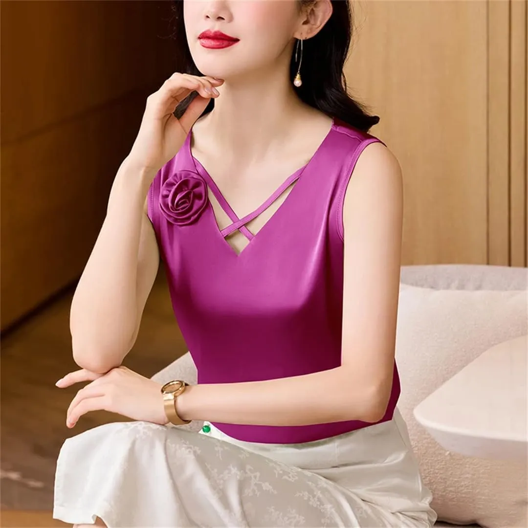 Women Satin Flower Camisole V-Neck Tank Tops Spring Summer Vest