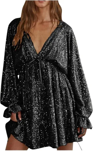 Women Sequin Babydoll Mini Dress Tiered Ruffle Sparkly Cocktail Dress Bowtie Lantern Long Sleeve V Neck Party Dress