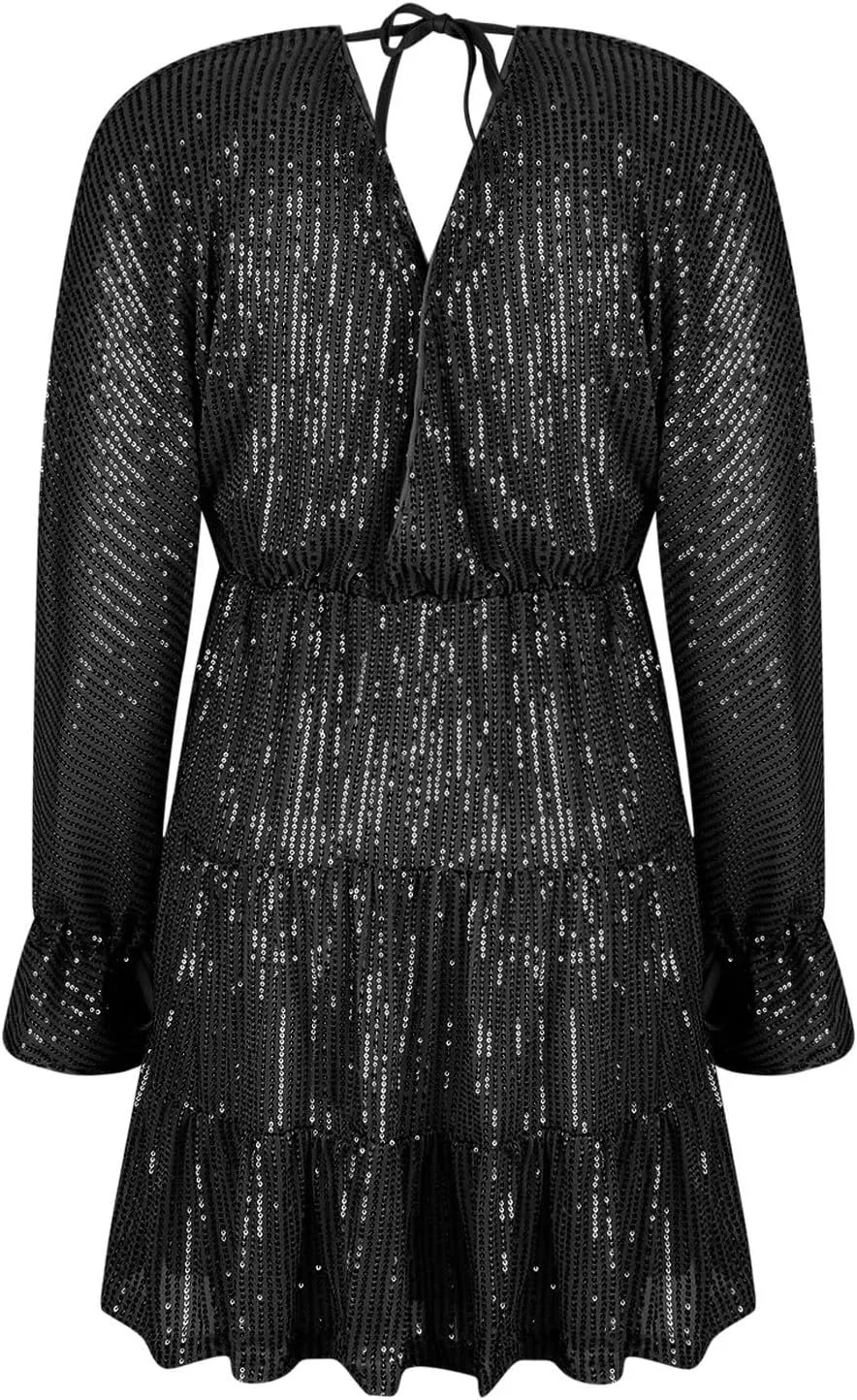 Women Sequin Babydoll Mini Dress Tiered Ruffle Sparkly Cocktail Dress Bowtie Lantern Long Sleeve V Neck Party Dress