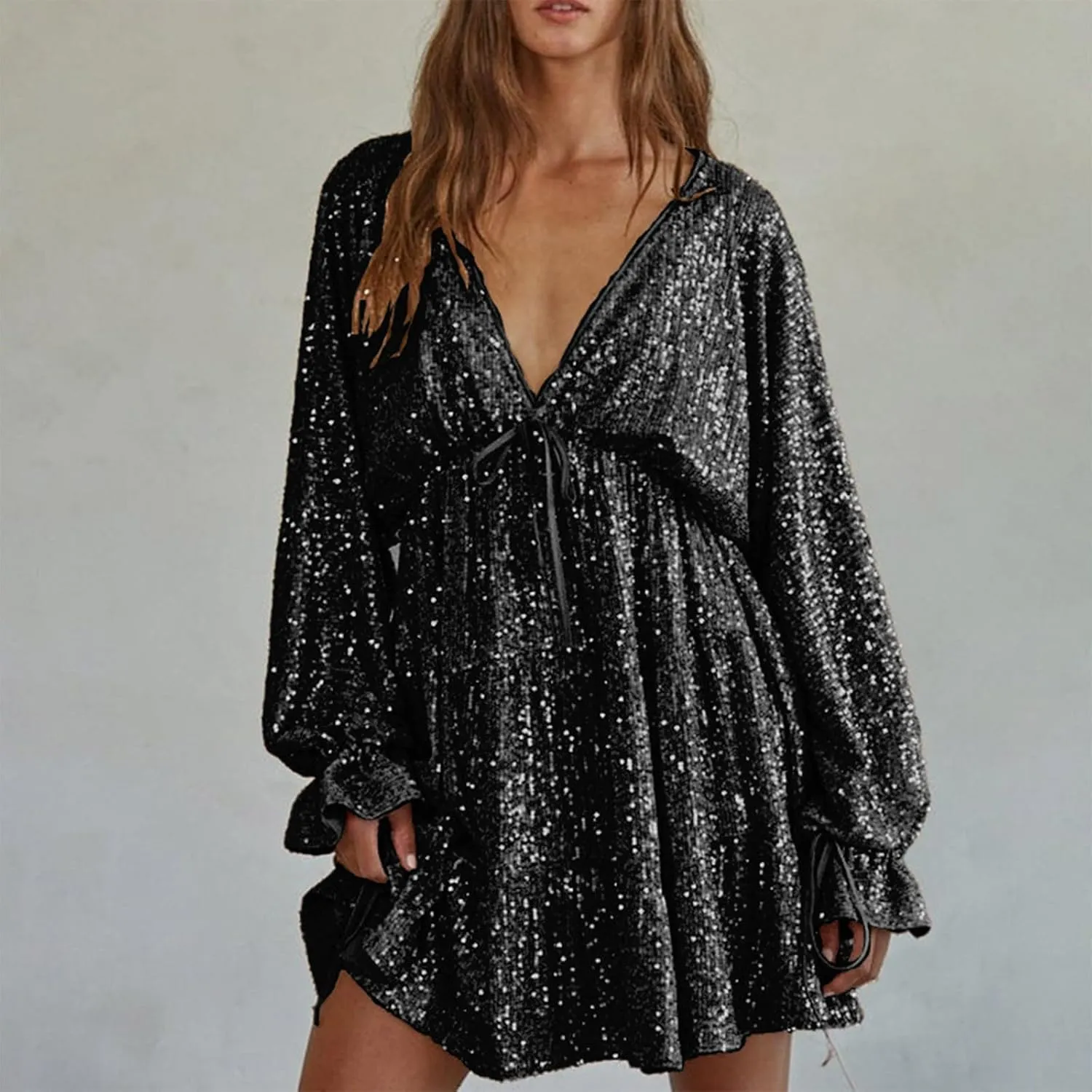 Women Sequin Babydoll Mini Dress Tiered Ruffle Sparkly Cocktail Dress Bowtie Lantern Long Sleeve V Neck Party Dress