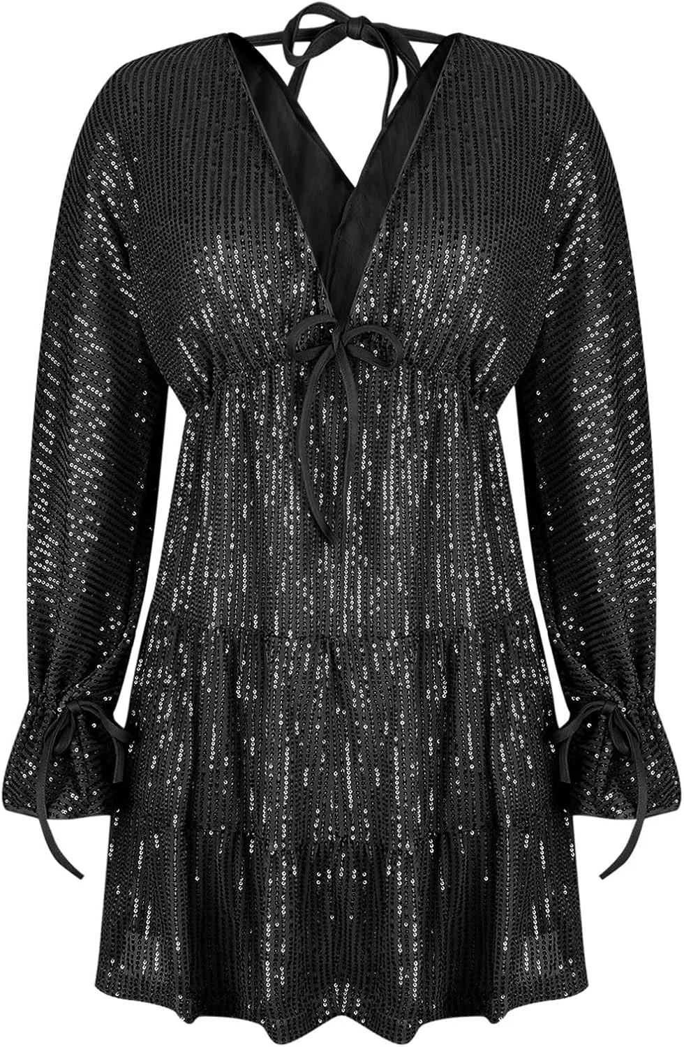 Women Sequin Babydoll Mini Dress Tiered Ruffle Sparkly Cocktail Dress Bowtie Lantern Long Sleeve V Neck Party Dress