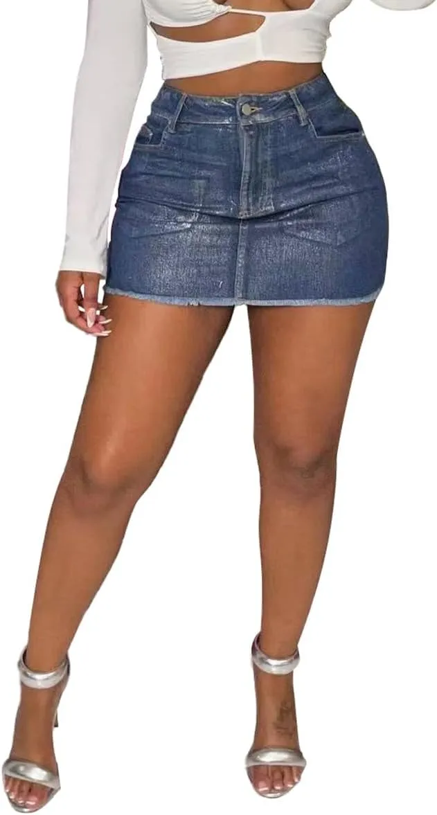 Women Sexy Denim Skirt High Waisted Stretchy Cute Mini Y2k Metallic Wrap Jean Short Skirt