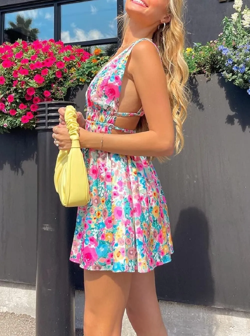 Women Sexy Floral Cami Mini Dress Y2k Low Cut Bodycon Short Tube Dress Sleeveless Backless Spaghetti Strap Sundress