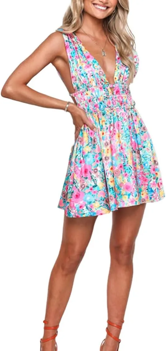 Women Sexy Floral Cami Mini Dress Y2k Low Cut Bodycon Short Tube Dress Sleeveless Backless Spaghetti Strap Sundress