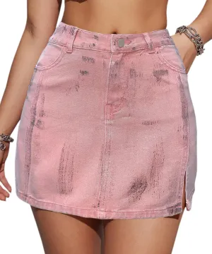 Women Sexy Pink High Waisted Jean Skirt Stretchy Cute Mini Y2k Metallic Wrap with Slit Denim Short Skirt