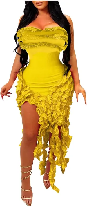 Women Sexy Strapless Bodycon Dress Ruffle Bandage Fringe Cocktail Dresses Irregular Hem Slim Party Club Mini Dress