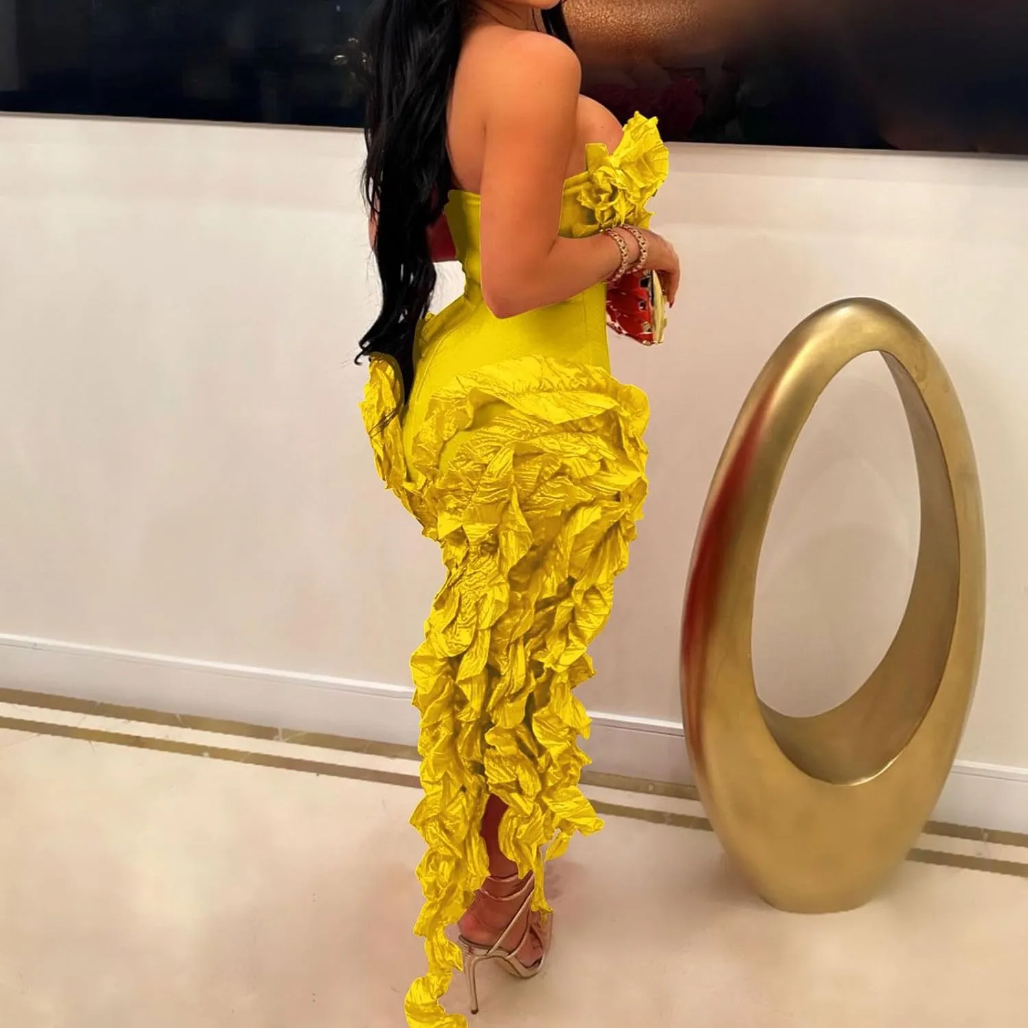 Women Sexy Strapless Bodycon Dress Ruffle Bandage Fringe Cocktail Dresses Irregular Hem Slim Party Club Mini Dress