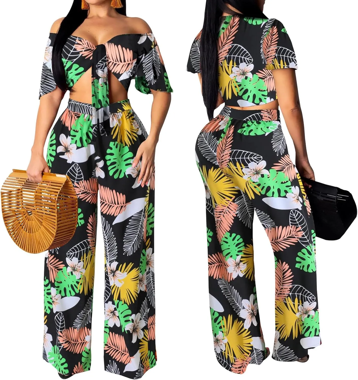 Women Sexy Swimsuit And Cover Up Set Wide Leg Jumpsuit Spaghetti Strap Top Long Pants Summer Beach Sets