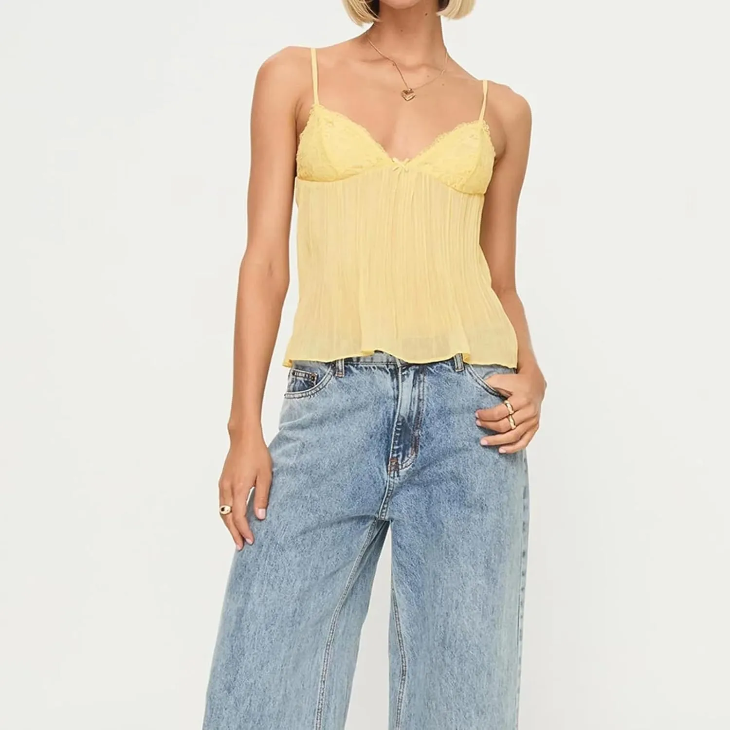 Women Sexy Y2K Camisole Spaghetti Strap V-Neck Ruffle Cami Tank Summer Sleeveless Going Out Tops