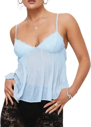 Women Sexy Y2K Camisole Spaghetti Strap V-Neck Ruffle Cami Tank Summer Sleeveless Going Out Tops