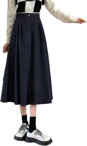Women Spring Autumn Vintage Pleated Skirt High Waist Midi A-Line Skirt