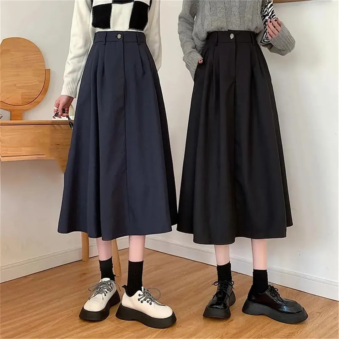 Women Spring Autumn Vintage Pleated Skirt High Waist Midi A-Line Skirt