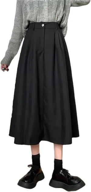 Women Spring Autumn Vintage Pleated Skirt High Waist Midi A-Line Skirt