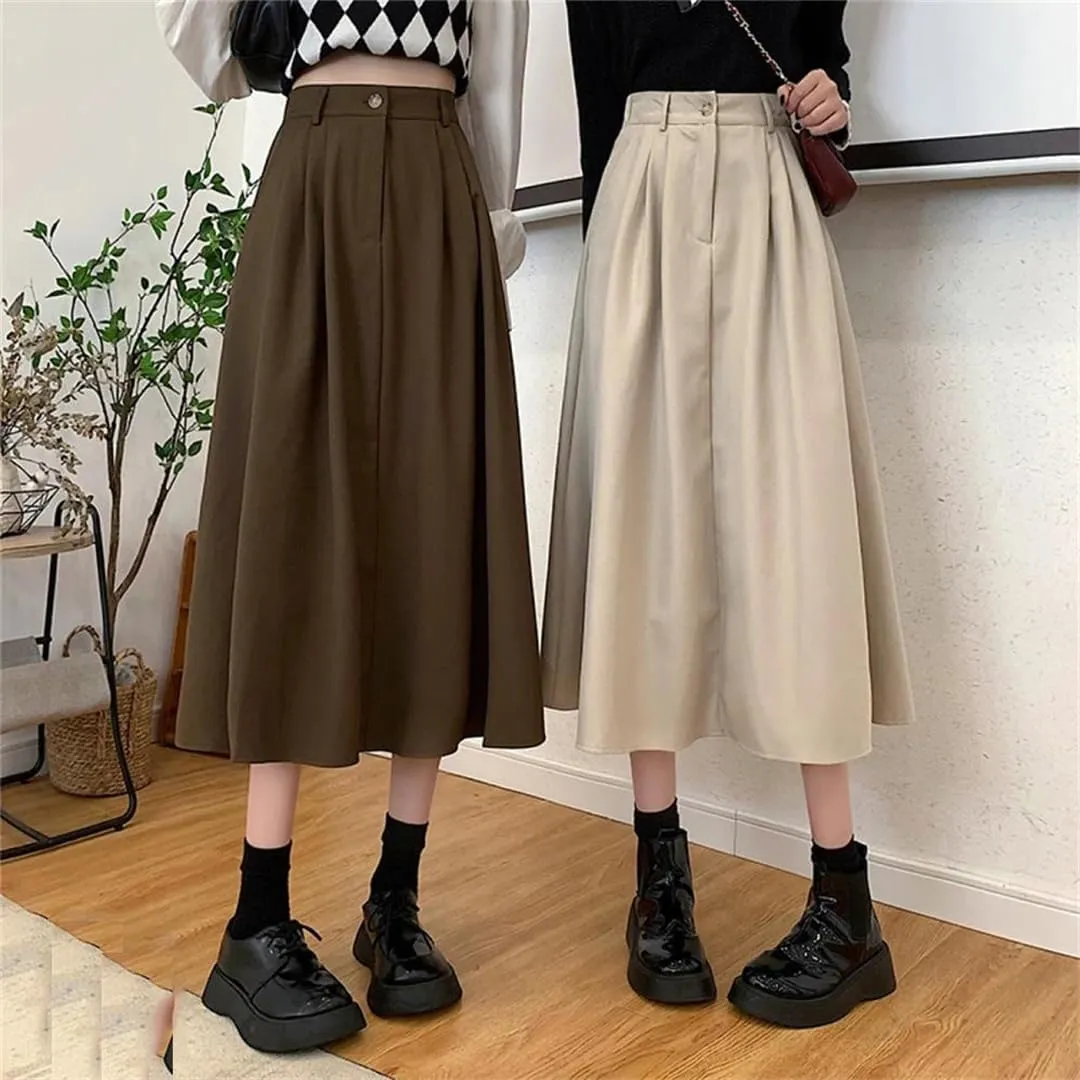 Women Spring Autumn Vintage Pleated Skirt High Waist Midi A-Line Skirt