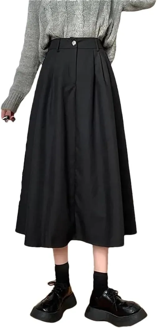 Women Spring Autumn Vintage Pleated Skirt High Waist Midi A-Line Skirt