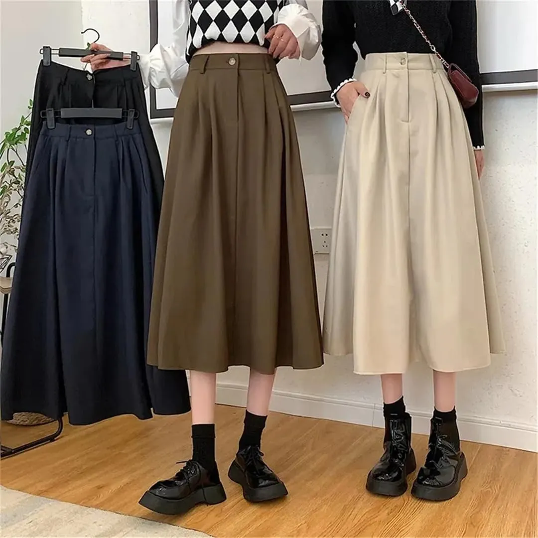 Women Spring Autumn Vintage Pleated Skirt High Waist Midi A-Line Skirt
