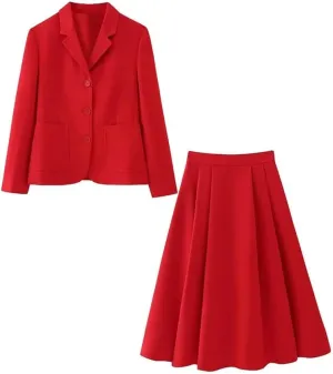 Women Spring Red Cape Blazer Pleated Skirt Side Zipper Office A Line Midi Long Skirt Sets